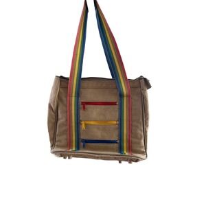 Vintage Rainbow Stripe Burlap Canvas Tote Bag Multi Color Zip Pockets Tan